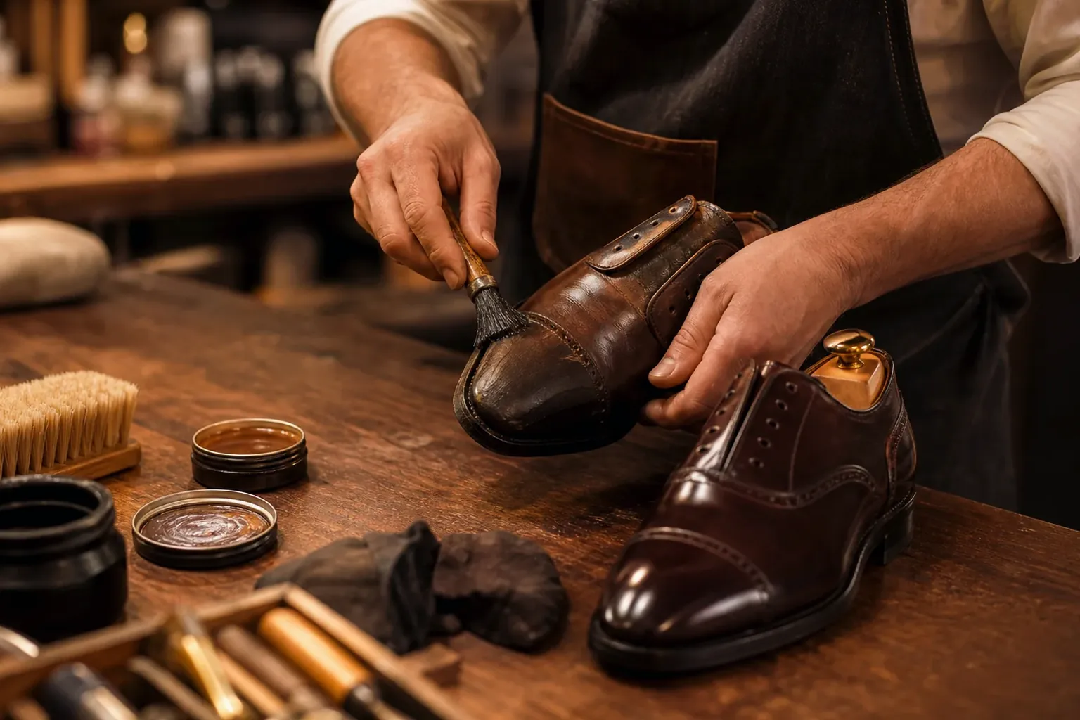 Sapateiro reformando sapatos sociais em Uberaba.